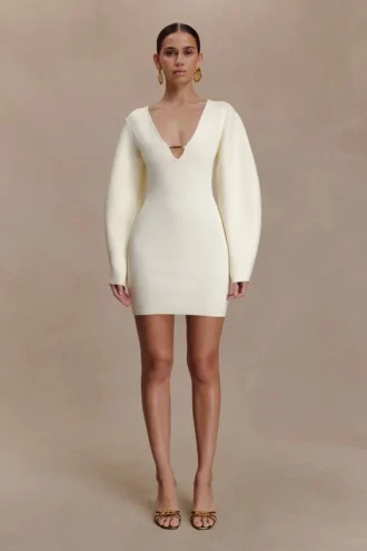 Billy Balloon Sleeve Knit Mini Dress – Ivory