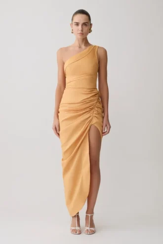 Birgit Linen Midi Dress With Hardware – Deep Peach
