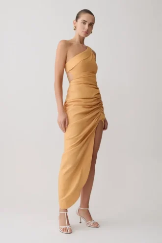 Birgit Linen Midi Dress With Hardware – Deep Peach