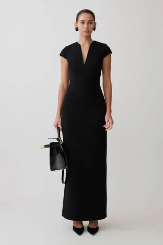 Briella V Neck Suiting Maxi Dress – Black