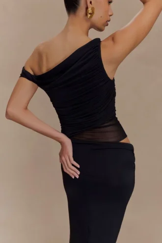 Callen One Shoulder Slinky Maxi Dress – Black