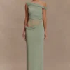 Callen One Shoulder Slinky Maxi Dress – Sage Callen One Shoulder Slinky Maxi Dress – Sage