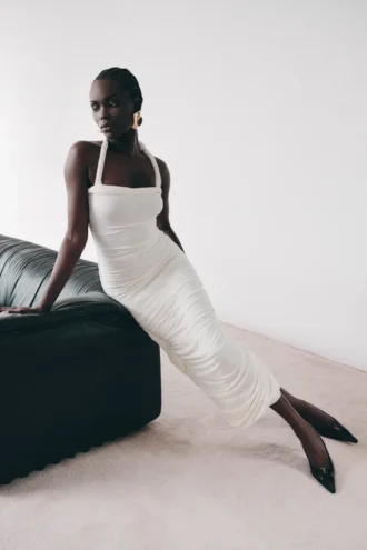 Camila Ruched Halter Midi Dress – Ivory