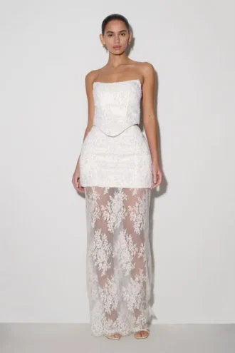 Camille Beaded Satin And Lace Maxi Skirt – Ivory