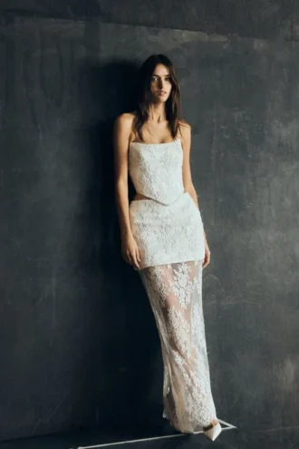 Camille Beaded Satin And Lace Maxi Skirt – Ivory