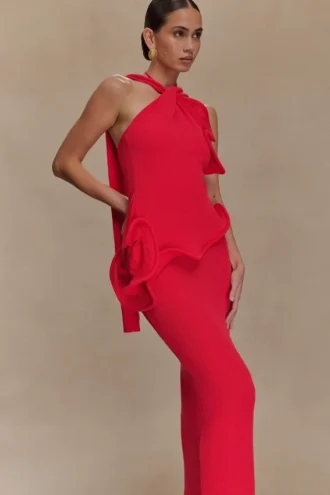 Caprice Halter Knit Maxi Dress – Red