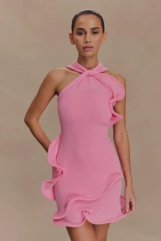 Caprice Halter Knit Mini Dress – Bubblegum Pink