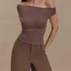 Carley Off Shoulder Knit Top – Cacao Brown