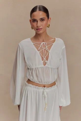 Carlie Chiffon Cross Tie Top – Ivory