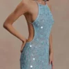 Carmen Crochet Sequin Maxi Open Back Dress – Blue Carmen Crochet Sequin Maxi Open Back Dress – Blue