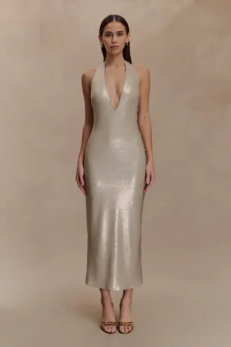 Carnation Sequin Halter Midi Dress – Gold