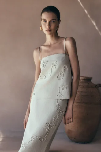 Casey Linen Corded Embroidered Linen Top – Natural