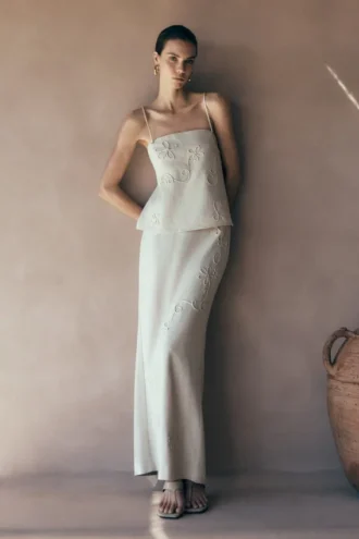 Casey Linen Embroidered Maxi Skirt – Natural