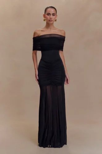 Caspian Slinky And Mesh Off Shoulder Maxi Dress – Black