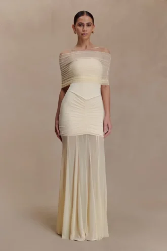 Caspian Slinky And Mesh Off Shoulder Maxi Dress – Ivory