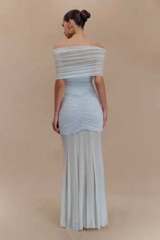 Caspian Slinky And Mesh Off Shoulder Maxi Dress – Pale Blue