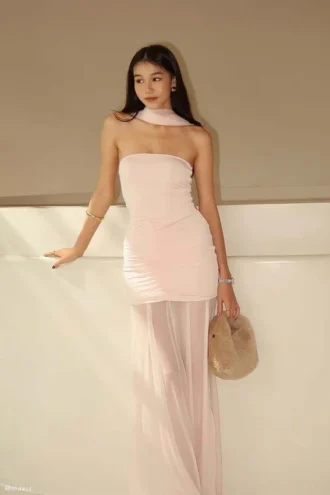 Caspian Slinky And Mesh Off Shoulder Maxi Dress – Pale Pink