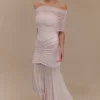Caspian Slinky And Mesh Off Shoulder Maxi Dress – Pale Pink Caspian Slinky And Mesh Off Shoulder Maxi Dress – Pale Pink