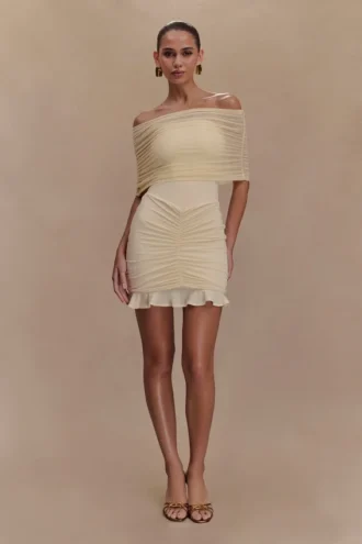 Caspian Slinky And Mesh Off Shoulder Mini Dress – Ivory
