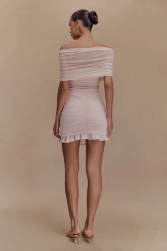 Caspian Slinky And Mesh Off Shoulder Mini Dress – Pale Pink