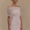 Caspian Slinky And Mesh Off Shoulder Mini Dress – Pale Pink Caspian Slinky And Mesh Off Shoulder Mini Dress – Pale Pink