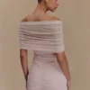 Caspian Slinky And Mesh Off Shoulder Mini Dress – Pale Pink Caspian Slinky And Mesh Off Shoulder Mini Dress – Pale Pink