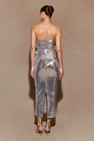 Cassia Strapless Sequin Rose Midi Dress – Silver