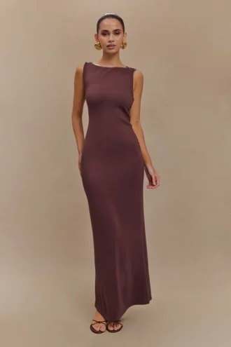 Catelyn Asymmetrical Scuba Jersey Midi Dress – Cacao Brown