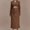 Cecilie Cut Out Shirt Midi Dress – Dark Chocolate Cecilie Cut Out Shirt Midi Dress – Dark Chocolate