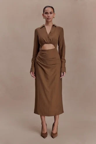 Cecilie Cut Out Shirt Midi Dress – Dark Chocolate