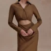 Cecilie Cut Out Shirt Midi Dress – Dark Chocolate Cecilie Cut Out Shirt Midi Dress – Dark Chocolate