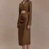 Cecilie Cut Out Shirt Midi Dress – Dark Chocolate Cecilie Cut Out Shirt Midi Dress – Dark Chocolate
