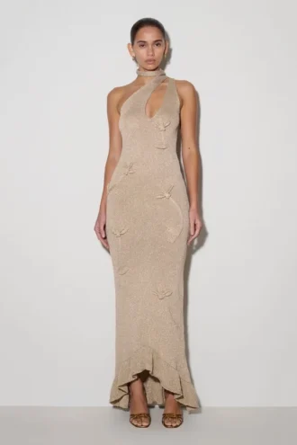 Celestino Floral Metallic Knit Maxi Dress – Gold