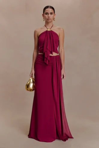 Celina Chiffon Overlay Maxi Skirt – Cherry Red