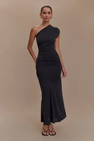 Chloe Peached Jersey One Shoulder Midi Dress – Black