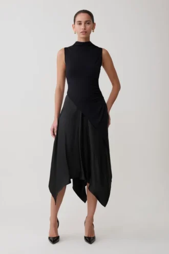 Coralie Asymmetric Satin Midi Skirt – Black