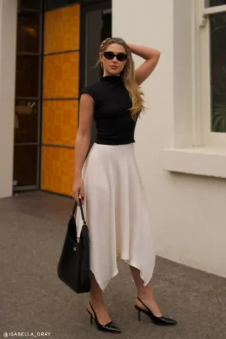 Coralie Asymmetric Satin Midi Skirt – Ivory