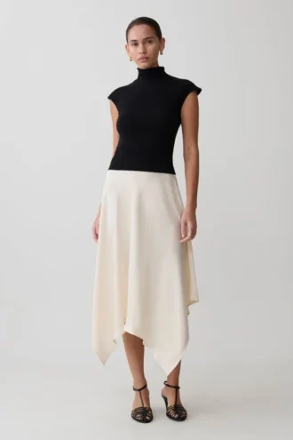 Coralie Asymmetric Satin Midi Skirt – Ivory