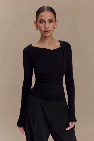 Culver Draped Twist Knit Top – Black
