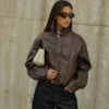 Curtis Faux Leather Bomber Jacket – Dark Chocolate