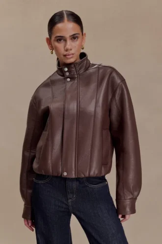 Curtis Faux Leather Bomber Jacket – Dark Chocolate