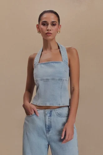 Dayna Denim Halter Top – Light Blue