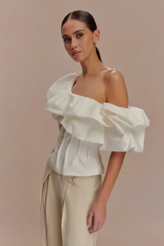 Debbie One Shoulder Bubble Top – White