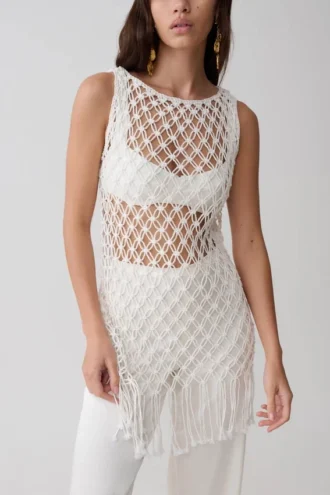Devlin Macrame Tassel Mini Dress – Ivory