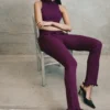 Diya Ribbed High Waisted Pants With Wire Hem – Plum