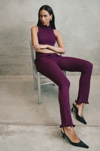 Diya Ribbed High Waisted Pants With Wire Hem – Plum