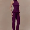 Diya Ribbed High Waisted Pants With Wire Hem – Plum