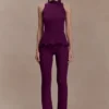 Diya Ribbed High Waisted Pants With Wire Hem – Plum