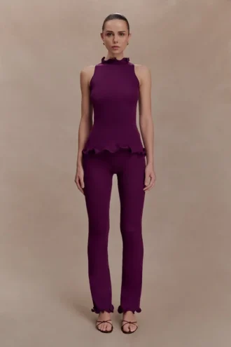 Diya Ribbed High Waisted Pants With Wire Hem – Plum