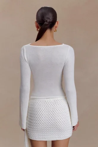 Elowen Knit Cowl Long Sleeve Top – White